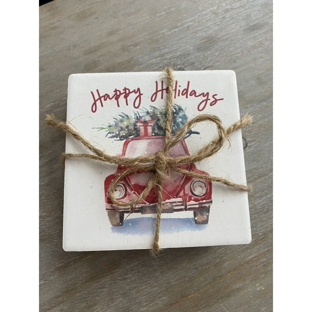 Volkswagen VW Bug Happy Holidays stone marble coaster set 4 cork bottom